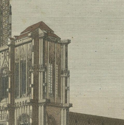 Engraving of Strasbourg Cathedral, Gothic Masterpiece in Alsace, 1805, close-up 5