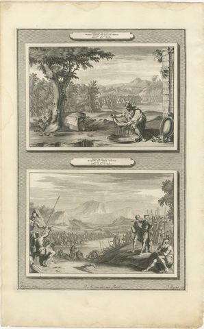 Gideon's Fleece and Gideon Chooses His Soldiers, Mortier Bible circa 1700