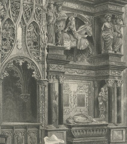 Tomb of Louis de Brézé, Rouen, Antique Steel Engraving after Hodson, circa 1877, close-up 3