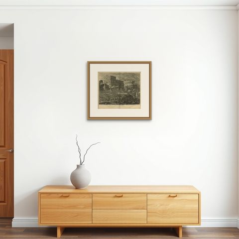 Antique Bible Print Pompey Conquers Jerusalem by J. Luyken, 1743, shown framed on a wall, true to size