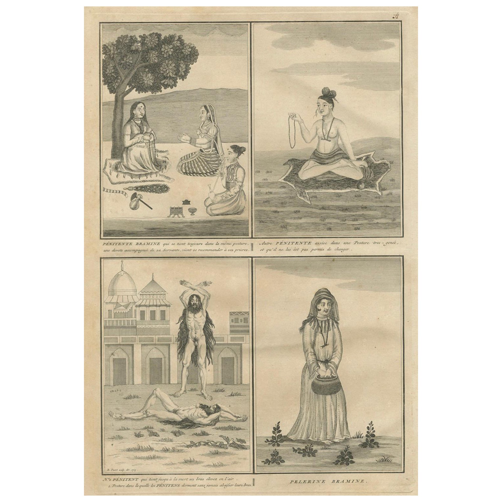 Indian Brahmin Penitents and Pilgrim, Rare 18th Century Ritual Engraving, 1734