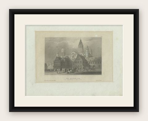 Antique Print of the Mainz Cathedral by Meyer, 1837, shown framed