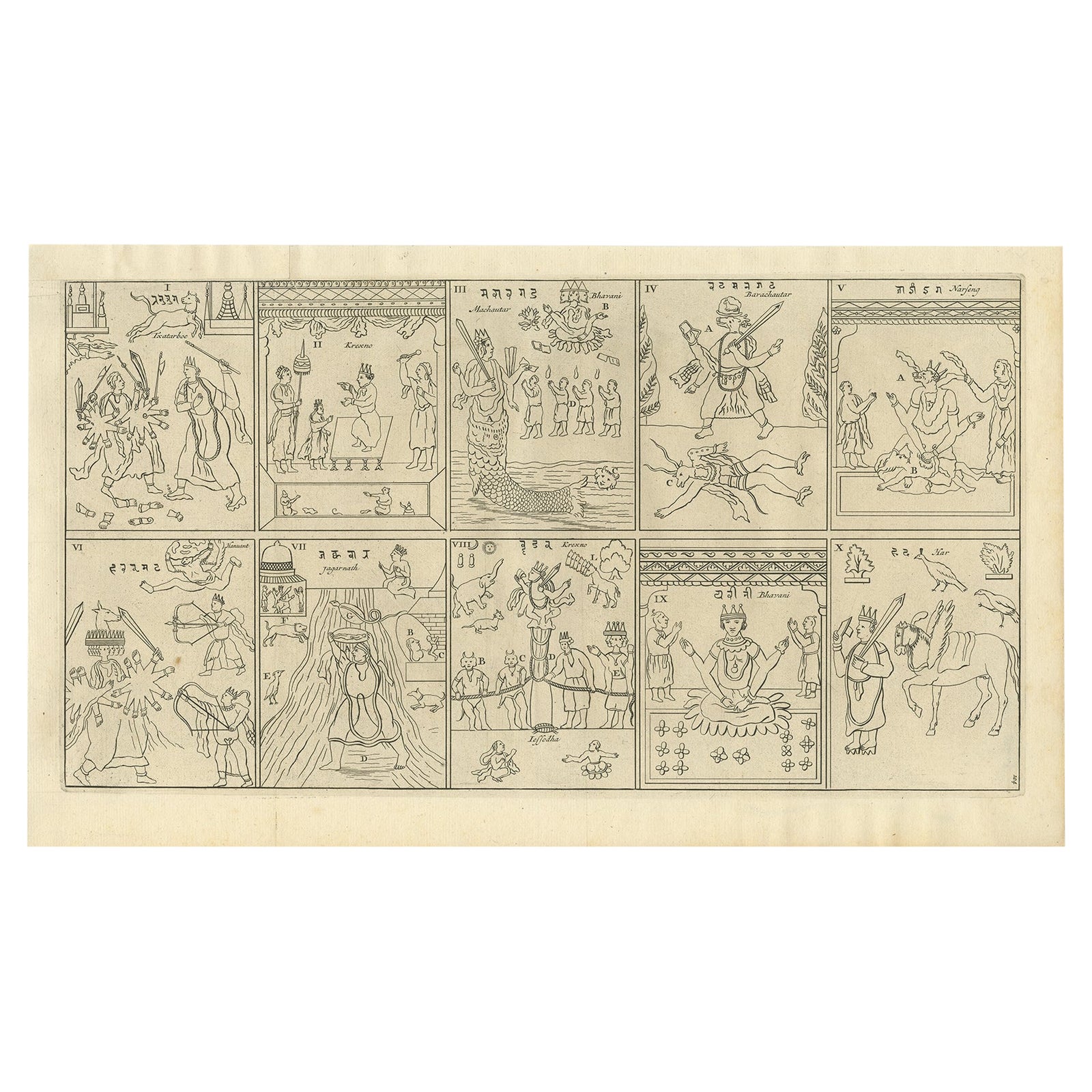 Religious Antique Print of The Ten Divine Transformation, 1727