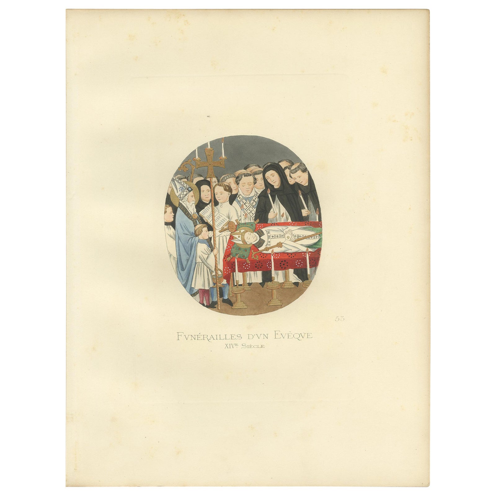 Antique Print of a Funeral of an Italian Bishop, 14th Century, by Bonnard, 1860