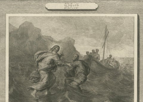Antique Biblical Engravings, Christ Walking on Water & Canaanite Woman, 1700, close-up 4