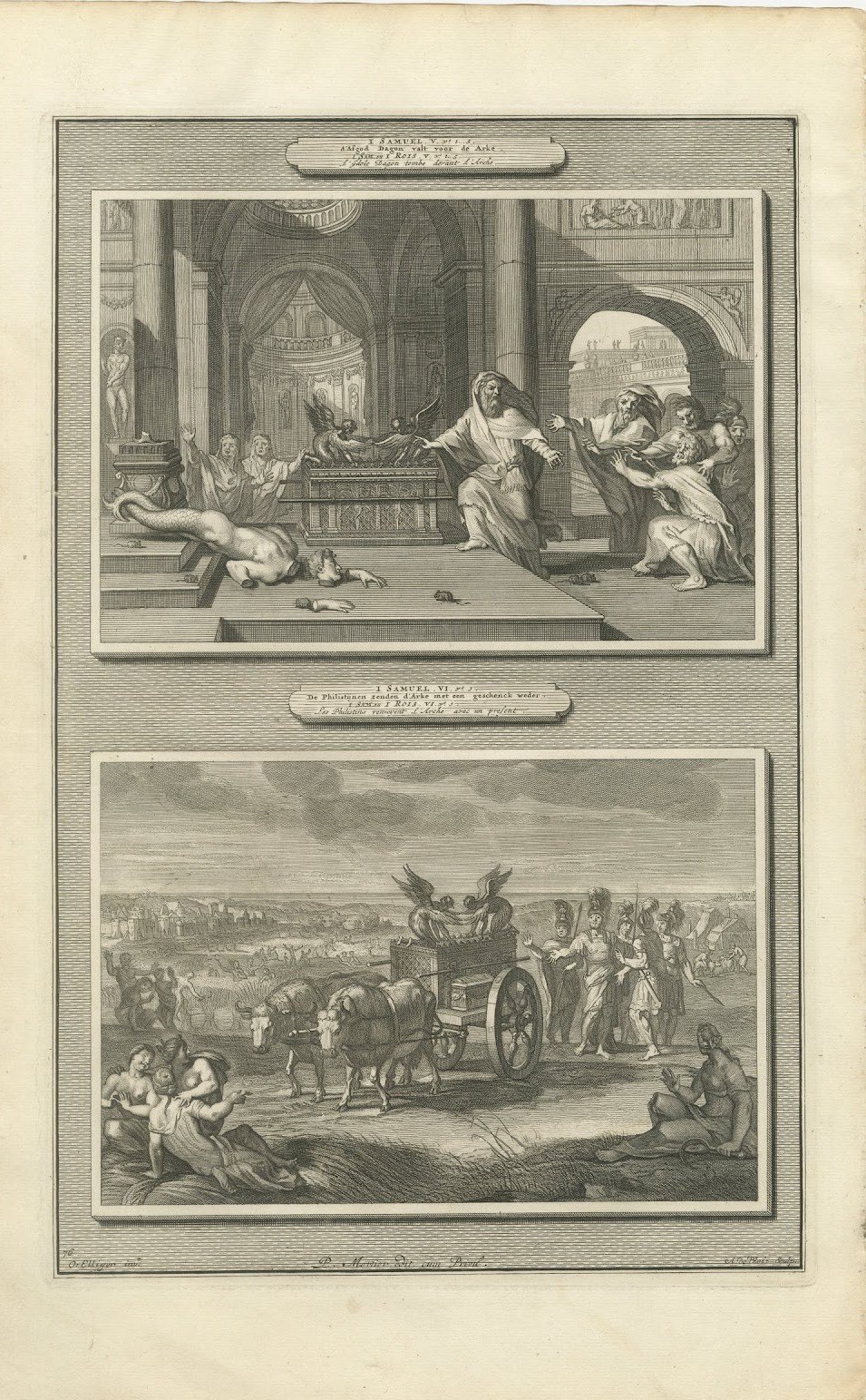 Dagon Falls Before the Ark and the Ark Sent Back, Mortier Bible circa 1700