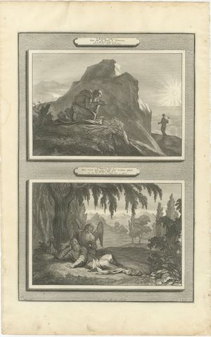 Elijah Prays for Rain and Elijah Fed by an Angel, Pieter Mortier, circa 1700