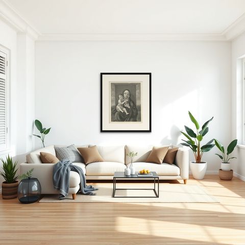 Antique Print of Mary Holding Jesus Christ, C.1880, shown framed in a room, true to size