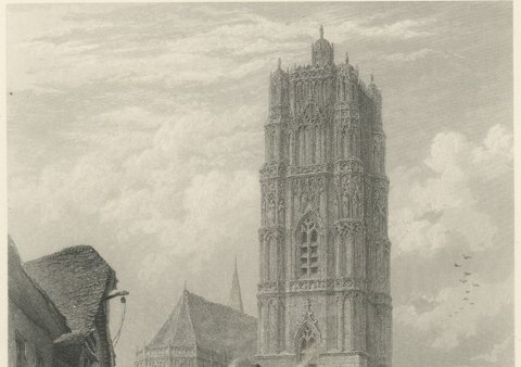 Cathedral at Rodez, France after L.J. Wood, Antique Steel Engraving, circa 1878, close-up 1