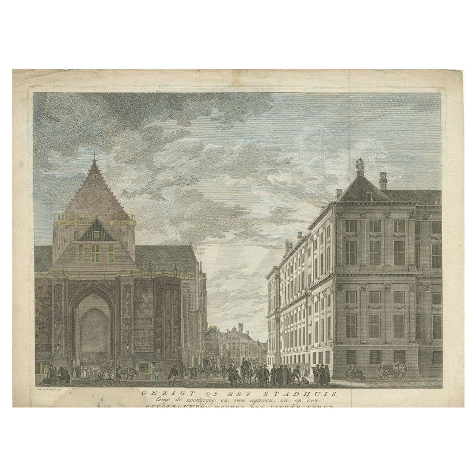 Antique Print of the City Hall and Church of Amsterdam by Tirion, 1766