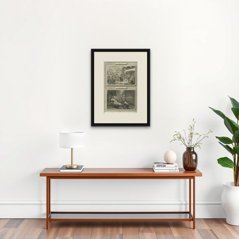 Census of Bethlehem & Christ’s Nativity, Mortier Engraving, 1700s, shown framed on a wall, true to size