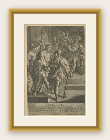 Statio I, Christ Condemned to Death, Antique Mezzotint, Late Baroque, shown framed