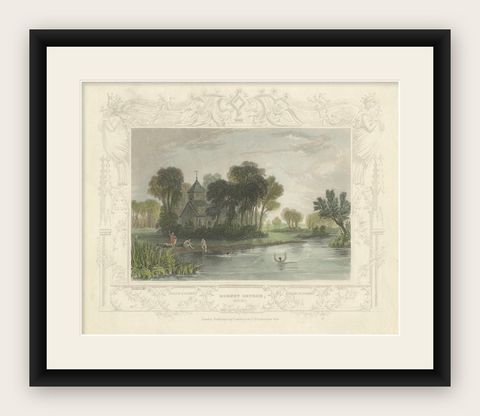 Hand-colored Engraving of Dorney Church in Buckinghamshire, England, 1835, shown framed