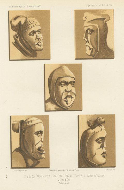 Carved Stall Heads at Vitteaux, Côte d'Or, Antique Print, 1851