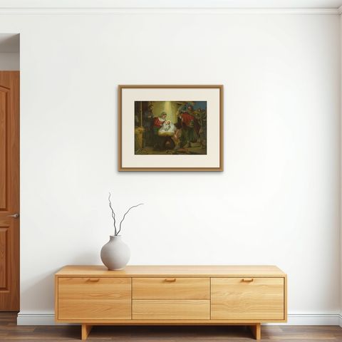Birth of Jesus, Fine c.1900 German Nativity Chromolithograph (Original), shown framed on a wall, true to size