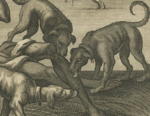 The Rich Glutton and Lazarus Engraving, Luke XVI Biblical Scene 1735, close-up 3