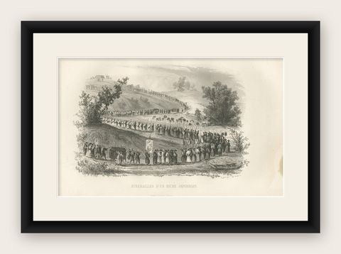 Antique Print of a Japanese Funeral by D'Urville, 1853, shown framed
