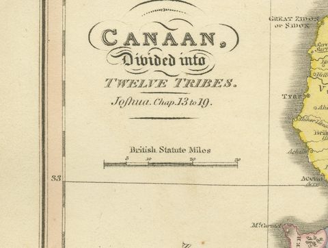 Canaan Divided into the Twelve Tribes, Antique Hand-Colored Map, 1823, close-up 1