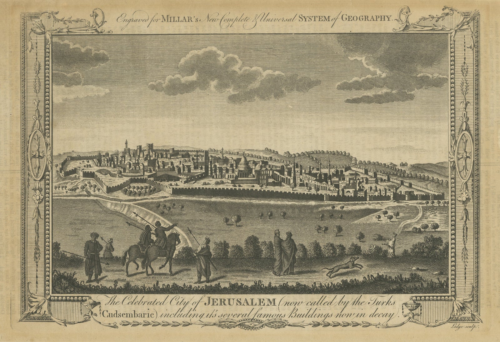 Antique View of Jerusalem Holy Land Engraving, Millar Geography, ca. 1760