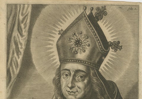 Engraving of Saint Willibrord by Robert Lommelin, Apostle to the Frisians, 1667, close-up 4