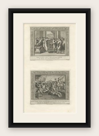 Old Religion Engraving of the Consecration of David and of David and Goliath, shown framed