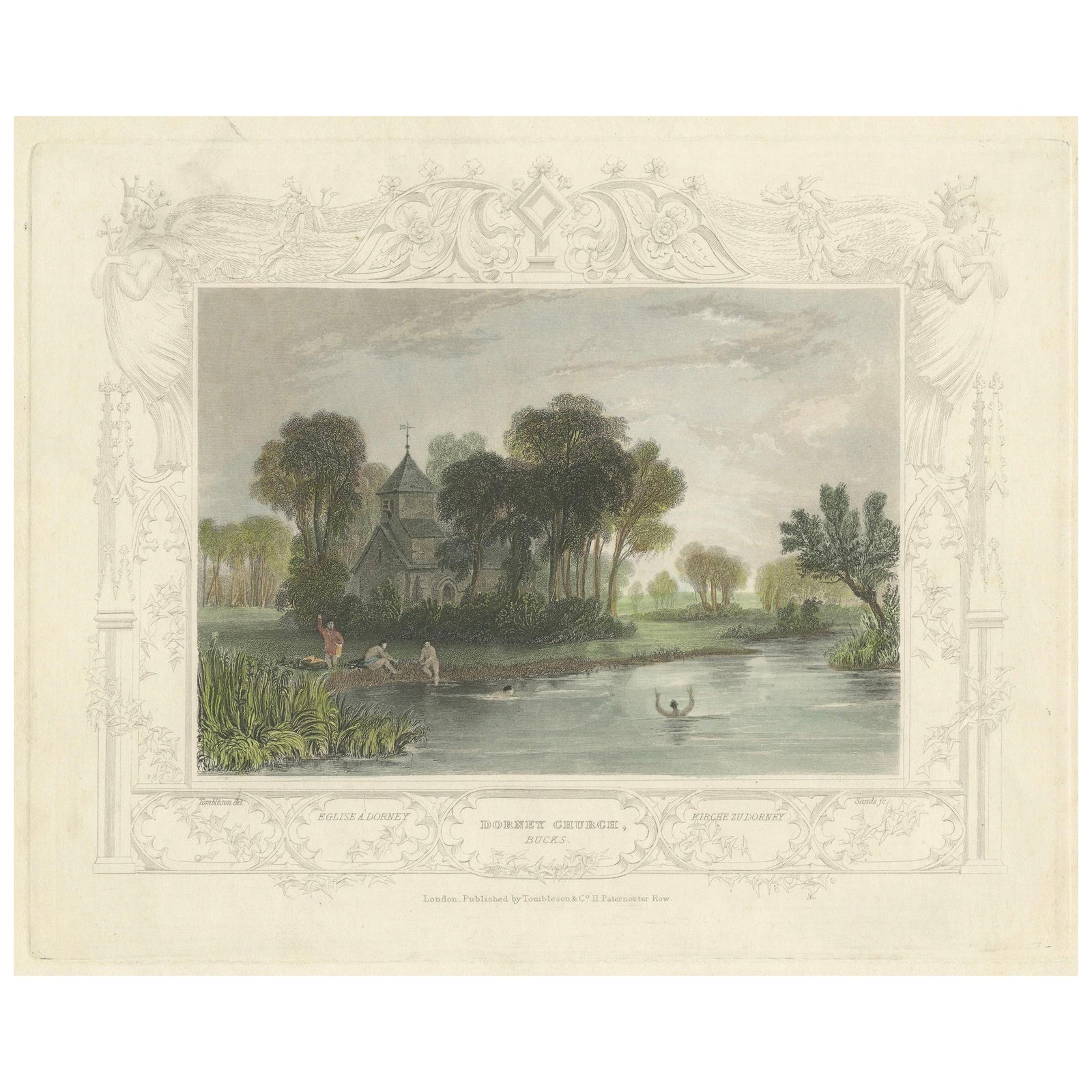 Hand-colored Engraving of Dorney Church in Buckinghamshire, England, 1835