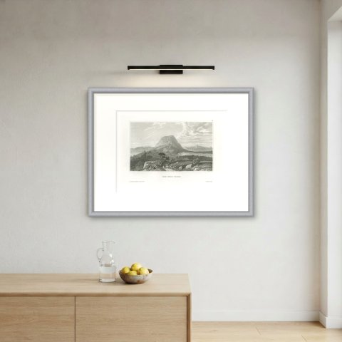 Antique Steel Engraved View of Mount Tabor, Holy Land, circa 1850, shown framed on a wall, true to size