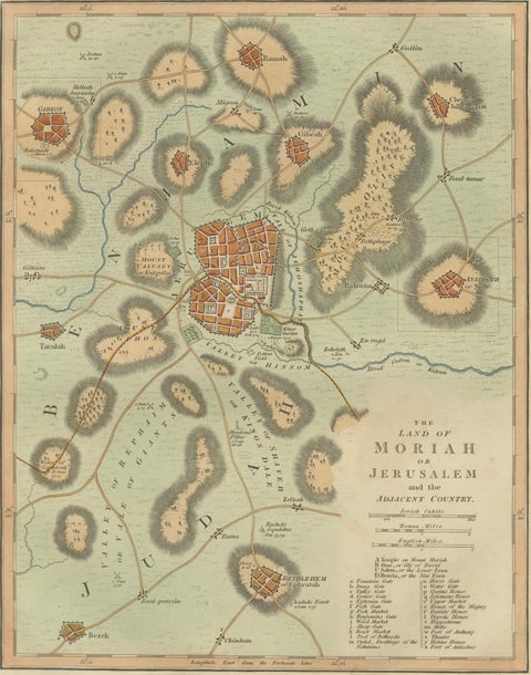 The Land of Moriah or Jerusalem & the Adjacent Country, Biblical City Map, 1814, close-up 2