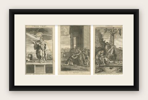 Biblical Engravings, St. Mark, Healing Bartimeus & Descent from the Cross, 1735, shown framed