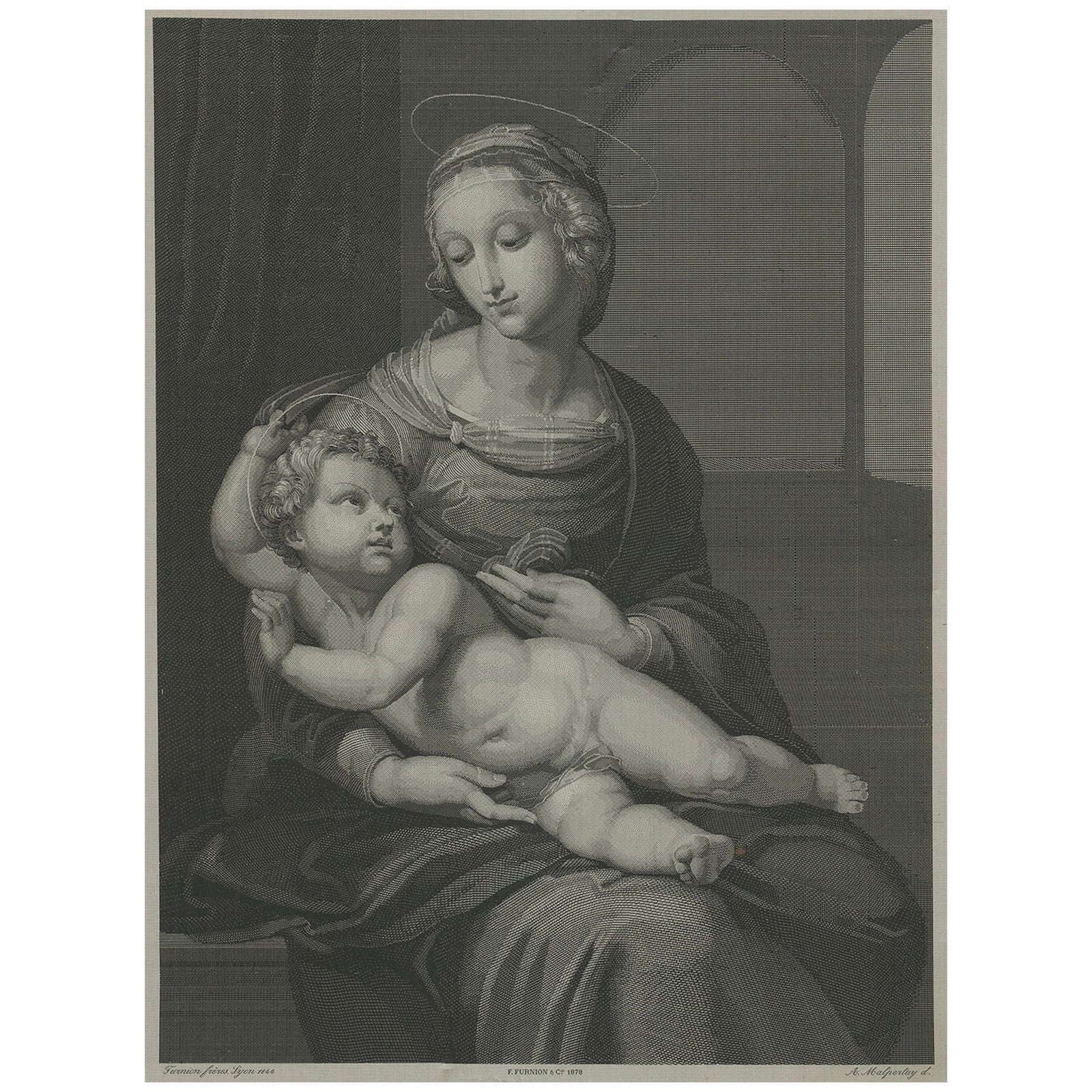 Madonna and Child, Stipple Engraving by Nargeot after Raphael, 1878