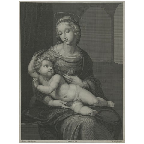 Madonna and Child, Stipple Engraving by Nargeot after Raphael, 1878