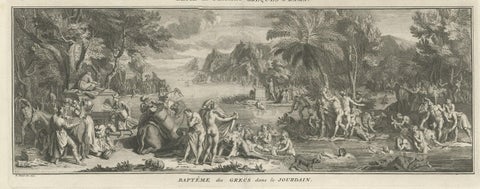 Print of Mourning of Greek Widows in Rama and Baptism in The River Jordan, 1730, close-up 2