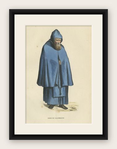 Old Print of a Vallombrosian, a Monastic Religious Order in the Catholic Church, shown framed