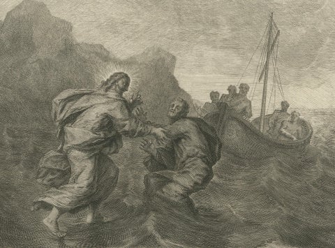 Antique Biblical Engravings, Christ Walking on Water & Canaanite Woman, 1700, close-up 2