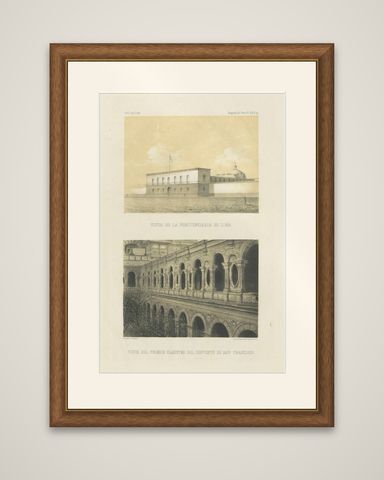 Antique lithograph views of Lima, Penitentiary & San Francisco Convent, 1865, shown framed