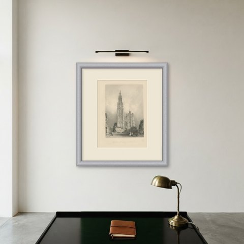 West Front of Antwerp Cathedral, Antique Engraving after Allom, circa 1850, shown framed on a wall, true to size
