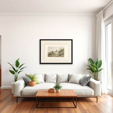 Antique Print of a Church 'Crimean War' by W. Simpson, 1855, shown framed in a room, true to size