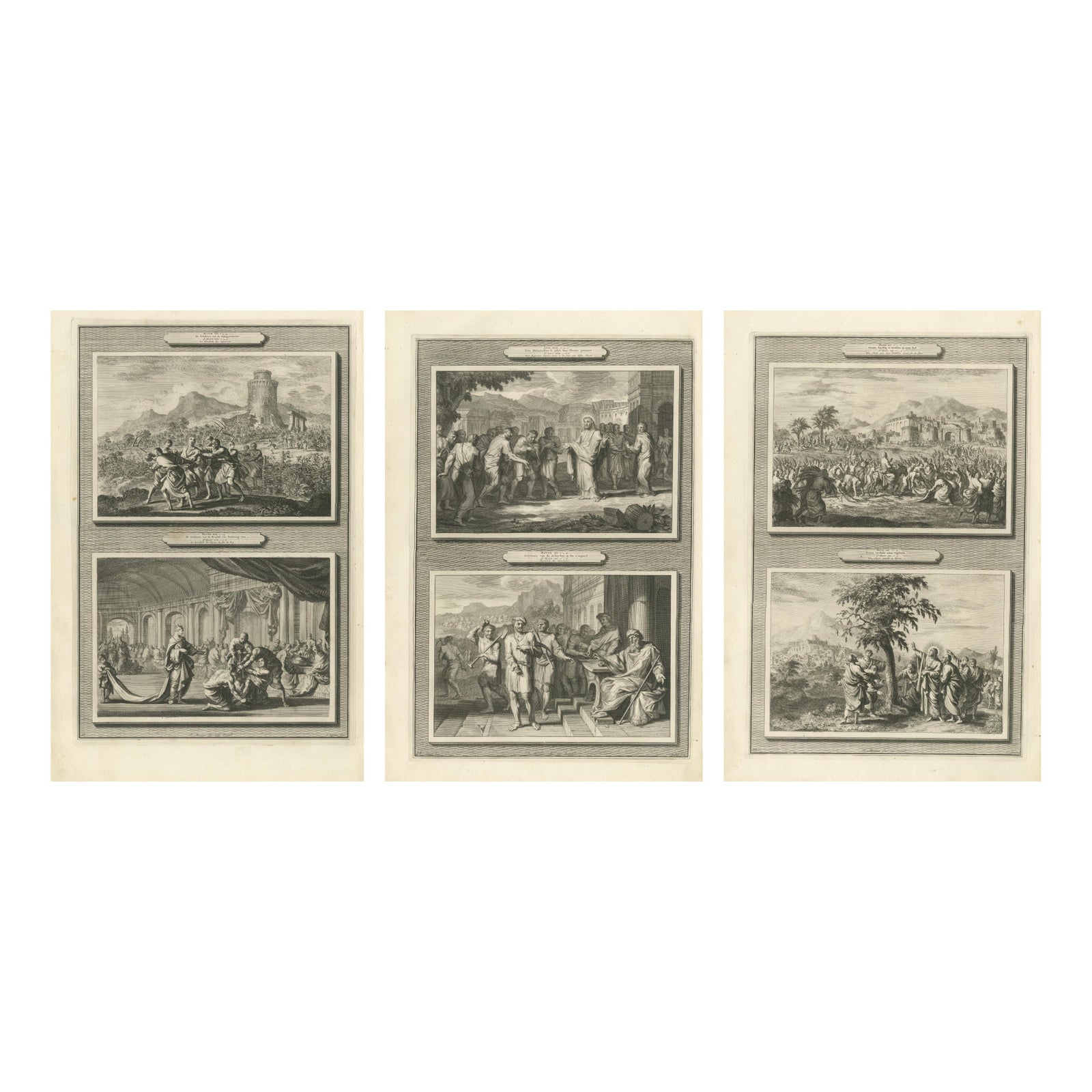 Set of Three Double-Scene Biblical Copper Engravings, Pieter Mortier, ca 1700
