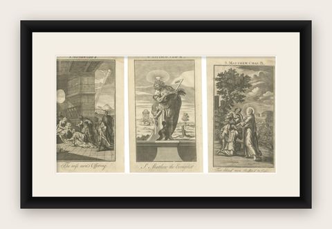 Set of 3 Biblical Engravings, Adoration, St. Matthew & Healing the Blind (1735), shown framed