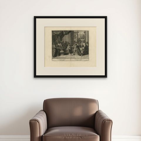 Antique Bible Print of Solomon's Judgement Made after B. Picart, 1728, shown framed on a wall, true to size