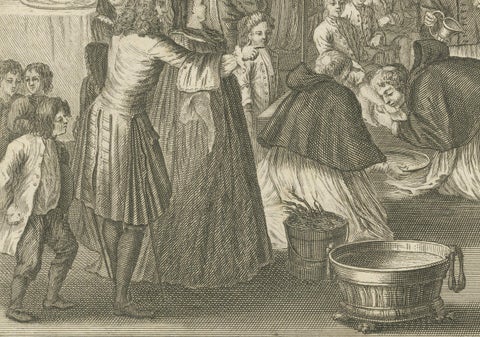 Maundy Thursday and Good Friday Rites, Old 1734 Catholic Engraving of Holy Week, close-up 5