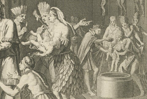 Marriage and Infant Rituals among the Mexicans, Engraving from 1734, close-up 1