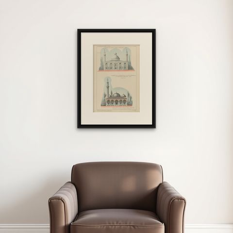 Original 1924 Ottoman Mosque Facades, Yeşil Djami & Sultan Murad Mosque, Bursa, shown framed on a wall, true to size
