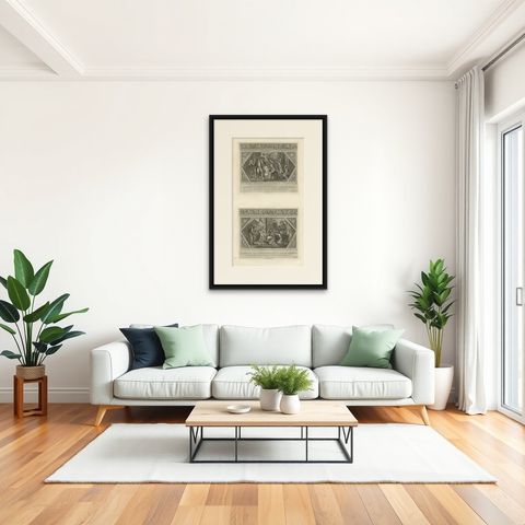 Antique Religion Engraving Illustrating Vatican Frescos Painted by Raphael, 1850, shown framed in a room, true to size