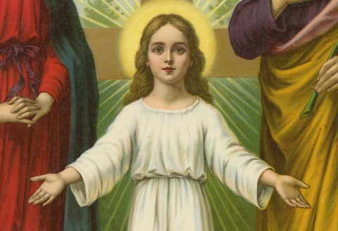 Holy Family with God the Father, Antique German Chromolithograph, 1900, close-up 1