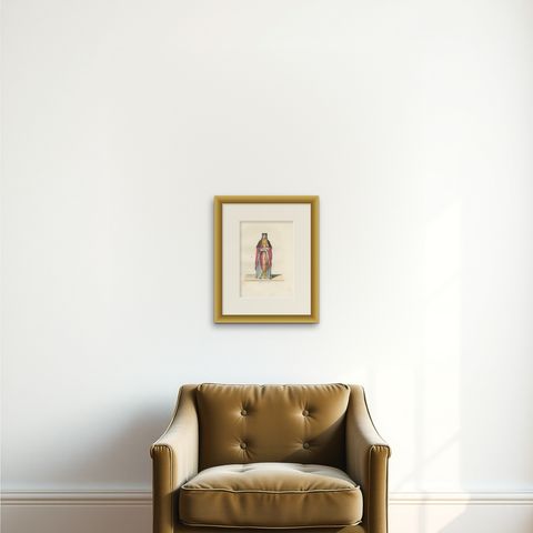 Religious Costume c.1400, Antique 1845 Print of Ecclesiastical Figure, shown framed on a wall, true to size