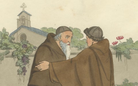 Capuchin Monks & Roman Serenity, 1820 Etching of Devotion, close-up 1