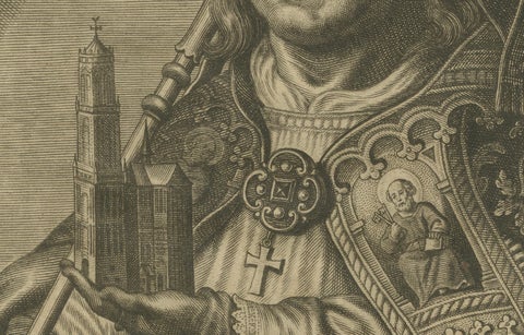 Engraving of Saint Willibrord by Robert Lommelin, Apostle to the Frisians, 1667, close-up 2