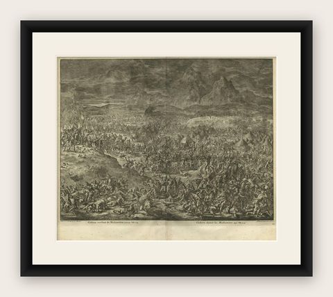 Antique Bible Print Gideon Defeats the Midianites by J. Luyken, 1743, shown framed