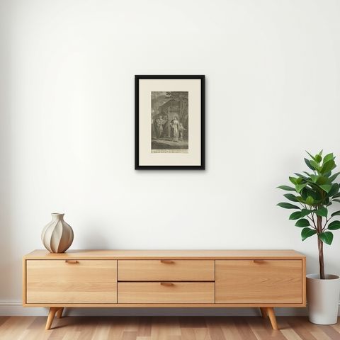 Old Religious Engraving of Abraham Sending Hagar Away as in Genesis, 1728, shown framed on a wall, true to size